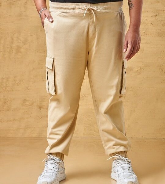 Men’s Beige Oversized Plus Size Cargo Jogger Pants