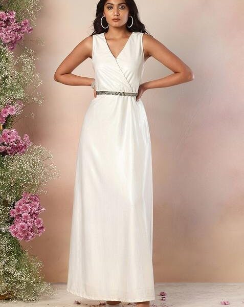 Ivory Metallic Wrap Maxi Dress With Embellished Belt