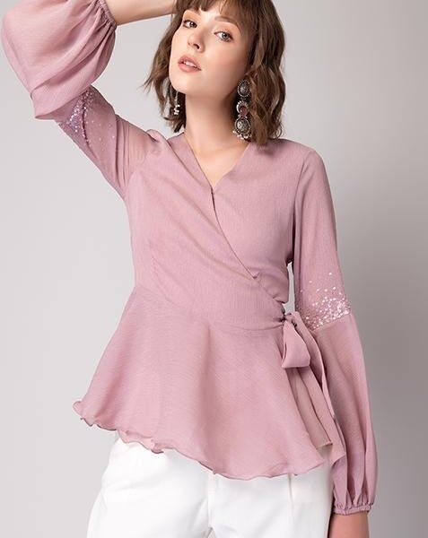 Light Pink Embellished Sleeve Wrap Top