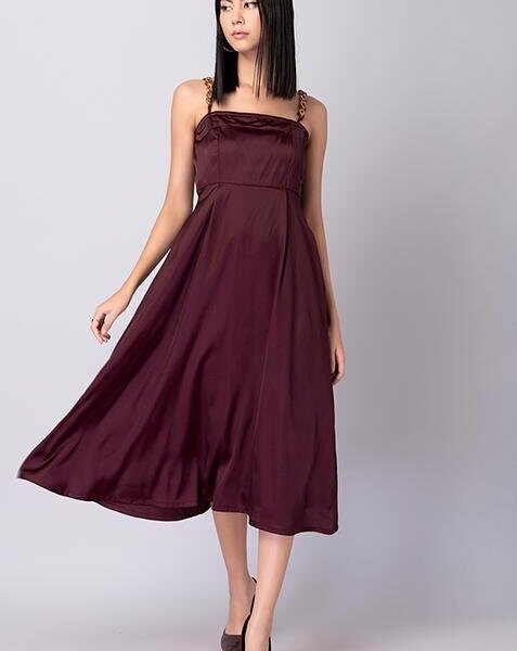 Maroon Satin Chain Strap Midi Dress