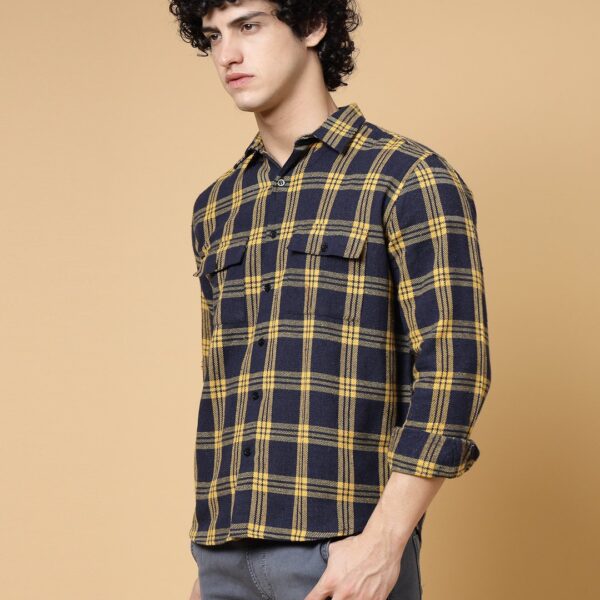 Men’s Navy Blue & Yellow Flannel Checked Oversized Shacket